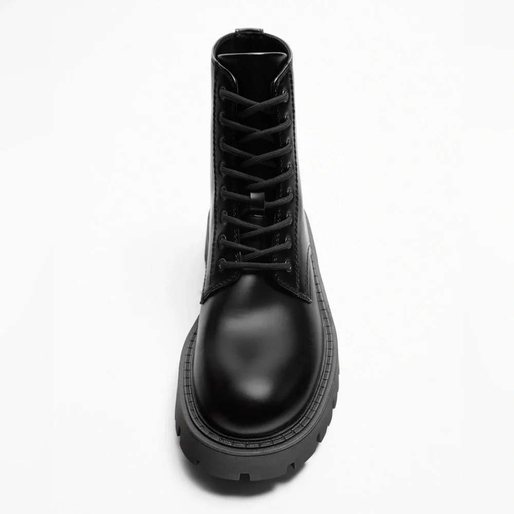 NWT. Zara Man Black Faux Leather Lace-Up Plain Boots. Size 7, 8.